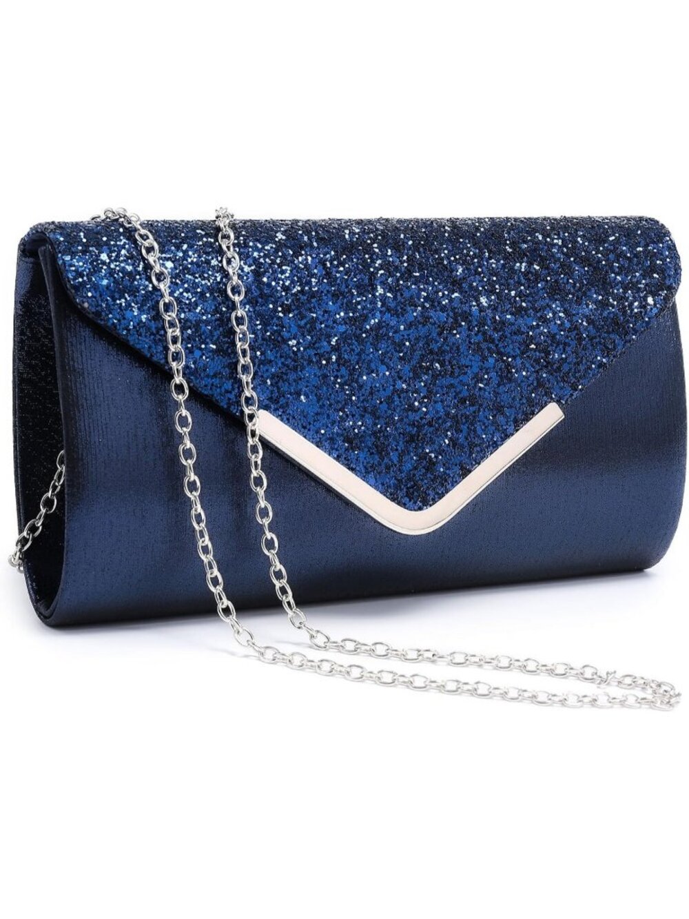 Women Navy Blue With Silver-tone Strap and Glitter Flap Handbags Clutch Purses